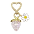 Porte-clés fraise rose avec fleur marguerite et fermoir doré en forme de cœur - Fraise Rose (Anneau Cœur)