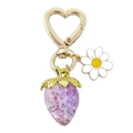 Porte-clés cœur doré avec fraise en strass violet et pendentif marguerite blanche - Fraise Violette (Anneau Cœur)