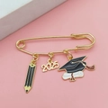 Golden 2025 graduation safety pin brooch with pencil, mortarboard and scroll charms - 2025 Year Style 3 (2025-3#)