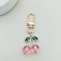 Pink acrylic cherry keychain with golden lobster clasp and green leaf pendant for bags - D-Clasp / Transparent Pink