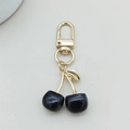 Cute dark blue acrylic cherry keychain with golden D-ring clasp for bags and phone - D-Clasp / Gold Leaf Black