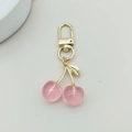 Pink translucent acrylic cherry keychain with elegant golden metal leaf and lobster clasp - D-Clasp / Gold Leaf Pink