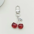 Cute red acrylic cherry keychain with silver metal leaf and lobster clasp charm - D-Clasp / Silver Leaf Red