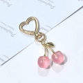 Pink heart-shaped cherry keychain with gold metal buckle and glossy resin pendant - Pink Cherry Heart Hook