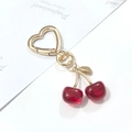 Charming red double cherry keychain with golden heart clasp and leaf for bags - Red Cherry Heart Hook