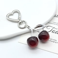 Dark red cherry keychain with silver heart clasp and leaves, elegant bag charm accessory - Large Black Red Cherry Silver Hook
