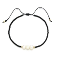 Detail of adjustable black beaded bracelet with three freshwater pearls and golden accents - Black Style (QQ408)