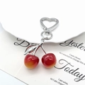 Golden cherry keychain with heart-shaped buckle and gradient red double cherry pendants - Large Red Yellow Cherry Silver Hook