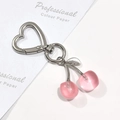 Pink resin cherry keychain with silver heart-shaped carabiner for backpack accessories - Pink Cherry Silver Heart Hook