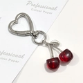 Silver cherry keychain with heart clasp and bright red resin fruit for backpack charm - Red Cherry Silver Heart Hook