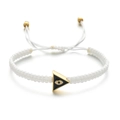 Close-up of white woven rope bracelet with gold-framed evil eye triangle pendant - White