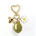 Porte-clés cœur doré avec pendentifs durian réaliste, abeille en émail et marguerite - Durian En Résine Anneau Cœur