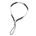 Detail of handmade evil eye phone strap with black white heishi beads and golden accents - Black and White Evil Eye Style(SL1405)