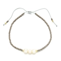 Adjustable bohemian bracelet featuring freshwater pearls and gray cylindrical glass beads - Brown Gray Style (QQ406)