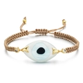 Detail of adjustable evil eye woven bracelet with gold beads and crystals - Beige Rope Evil Eye (QQSL012-1)