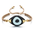 Adjustable woven evil eye bracelet with brown cord and gold-tone bead accents - Light Brown Rope Large Eye (QQSL012-2)
