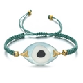 Macro view of adjustable teal woven cord bracelet featuring a blue evil eye bead detail - Cyan Green Rope Light Blue Eye (QQSL012-3)