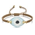 Close-up of a woven evil eye bracelet with blue resin bead and adjustable cord details - Brown Rope Translucent Blue Eye (QQSL012-4)