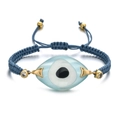 Macro detail of hand-woven light blue Greek evil eye bracelet with golden metal accents - Light Blue Rope Translucent Eye (QQSL012-5)