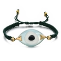 Macro view of woven evil eye bracelet with light blue resin charm and gold-plated accents - Dark Green Rope Light Blue Eye (QQSL012-7)