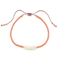 Bohemian adjustable bracelet with coral orange beads and three white freshwater pearls - Coral Orange Style (QQ412)