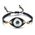 Detail of adjustable evil eye bracelet with black cord and sparkling zircon accents - Black Rope B&W Eye Style (QQSL012-10)
