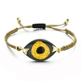 Macro shot of adjustable khaki braided evil eye bracelet with sparkling golden charms - Khaki Rope Gold Glitter Eye (QQSL012-14)