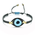 Detail of grey braided Evil Eye bracelet with blue enamel charm and adjustable gold clasp - Dark Gray Rope Blue Heart Eye (QQSL012-15)