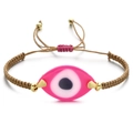 Detailed view of woven Greek evil eye bracelet with pink pendant and adjustable gold beads - Brown Rope Rose Pink Eye (QQSL012-16)