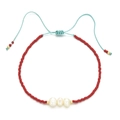 Bohemian adjustable bracelet with red beads and three natural freshwater pearls - Red Style (QQ417)