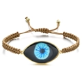 Detail of hand-woven Greek evil eye bracelet with adjustable cord and gold accents - Light Brown Rope Blue Eye (QQSL012-20)