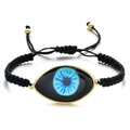 Detail of adjustable black woven rope bracelet featuring a blue evil eye charm and gold beads - Black Rope Blue Iris Eye (QQSL012-21)