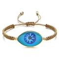 Detailed macro view of woven Evil Eye bracelet with blue eye charm and adjustable cord - Beige Rope Sky Blue Eye (QQSL012-22)