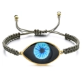 Close-up of handmade woven evil eye bracelet with adjustable cord and blue pendant - Gray Rope Gradient Blue Eye (QQSL012-23)