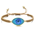 Macro detail of the evil eye braided bracelet with adjustable cord and golden beads - Khaki Rope Gradient Blue Eye (QQSL012-24)