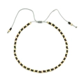 Detail of bohemian handmade beaded bracelet with adjustable grey cord and metallic beads - Iridescent Gold With Gray Cord (QQ435)