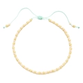 Detail of bohemian handmade beaded bracelet with pink matte beads and gold accents - Pink Gold With Light Blue Cord (QQ438)
