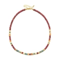 Detailed view of colorful natural stone beaded necklace with gold spacers and lobster clasp - Mixed Red Orange Teal (XN083-2)