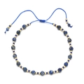 Detail of bohemian woven bracelet with 4mm faceted blue stone beads and adjustable cord - Blue (QQ297)