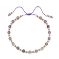 Detail of adjustable purple beaded bracelet with faceted stones and golden metal spacers - Purple (QQ301)
