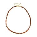 Detail of beaded necklace with blue stone beads and golden metallic bamboo spacers - Reddish Brown (XN053-7)