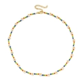 Close-up of bohemian rainbow seed bead necklace with white daisy flower charms and gold clasp - Rainbow Daisy Style (SL1541)