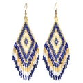 Handgefertigte Boho-Perlenohrringe mit blau-goldenem Rautenmuster und Quasten-Design - Blau Gold Weiß Geometrischer Stil (QQ219)