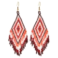 Handgefertigte Boho-Rautenohrringe aus Perlen mit roten und orangen Fransen - Rot Orange Rosa Weiß Geometrischer Stil (QQ220)
