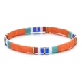 Detail of bohemian Tila bead bracelet with colorful square tiles and golden accents - Orange Green Blue White Patchwork (SL1388)