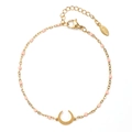 Detailed macro view of gold stainless steel crescent moon bracelet with pink beads - Pink (XN320-PINK)