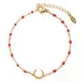 Detail of gold stainless steel moon bracelet featuring red beads and lobster clasp closure - Red (XN320-RED)