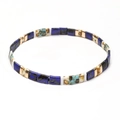 Detail of colorful Tila bead stretch bracelet with blue, white, and rose gold flat tiles - Navy White Green Rose Gold (SL2218)