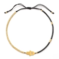 Ethnic beaded bracelet with black weave cord and gold Hamsa hand charm for women - Black