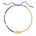 Blue and gold beaded Hamsa hand bracelet with adjustable blue woven cord for women - Blue